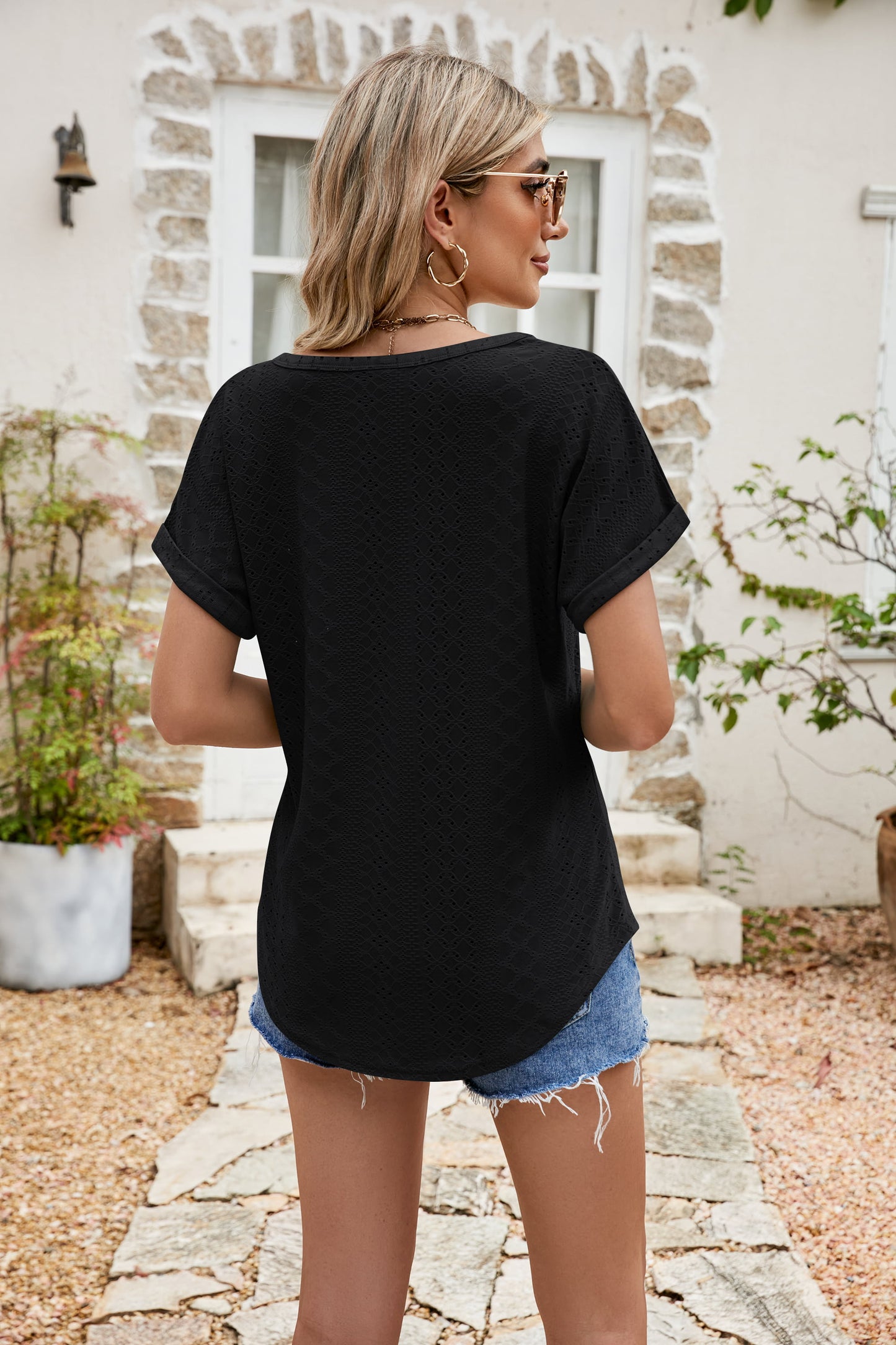 full size round neck eyelet short sleeve top