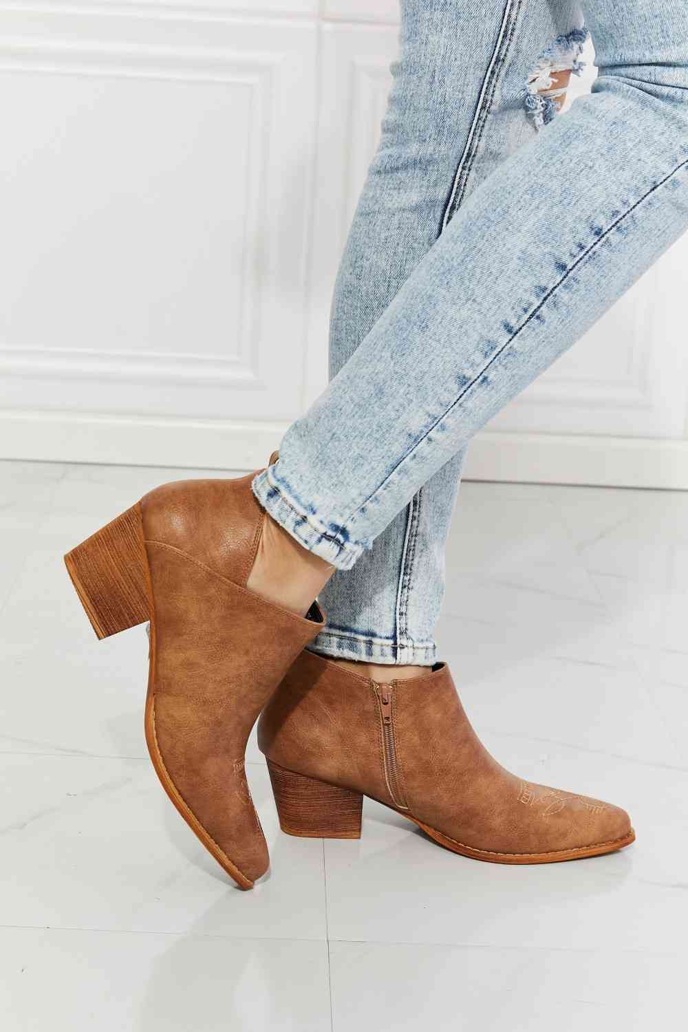 mmshoes trust yourself embroidered crossover cowboy bootie in caramel