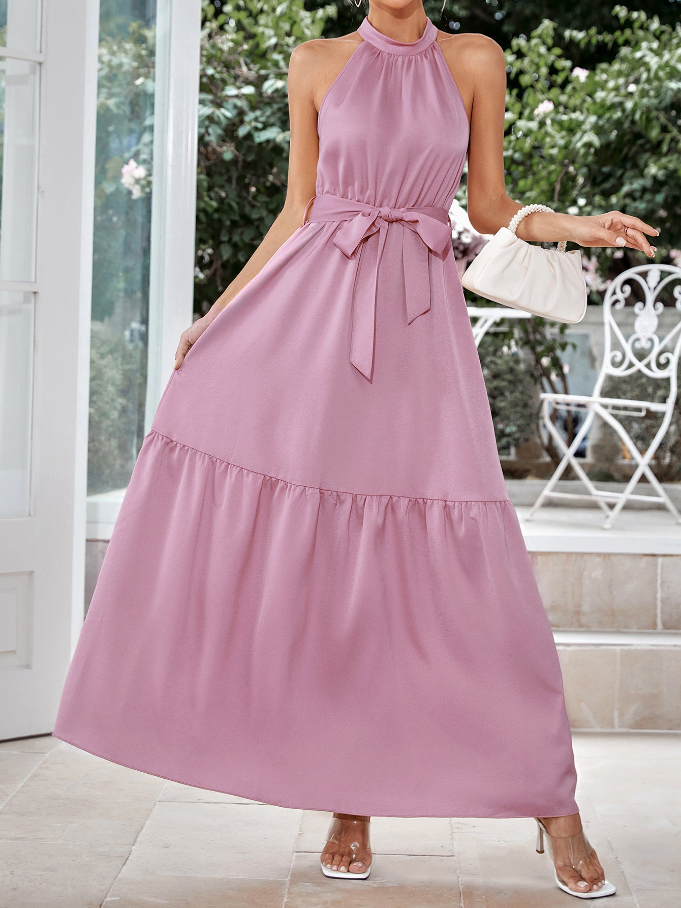 belted grecian neck tiered maxi dress