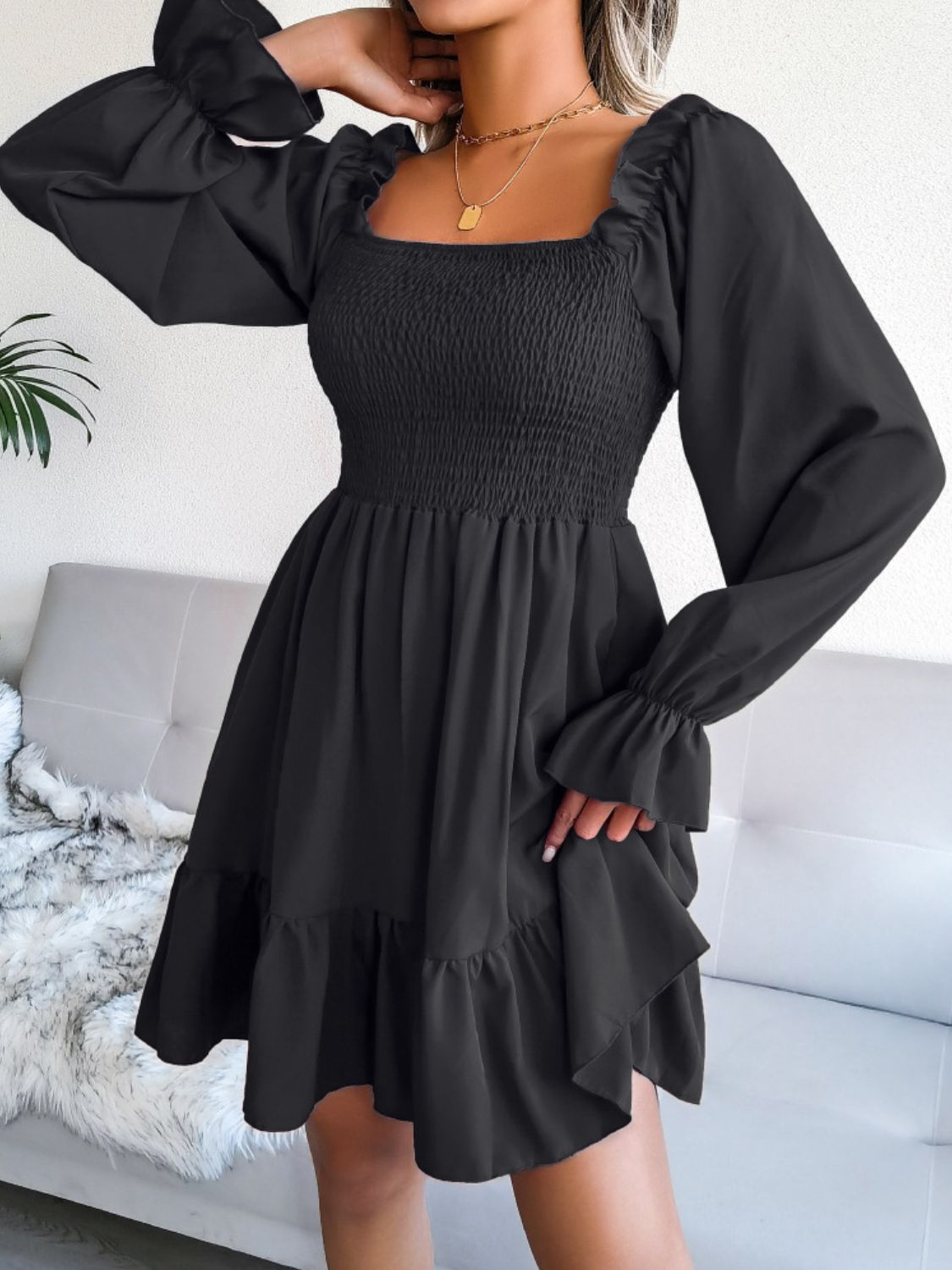 smocked flounce sleeve square neck dress