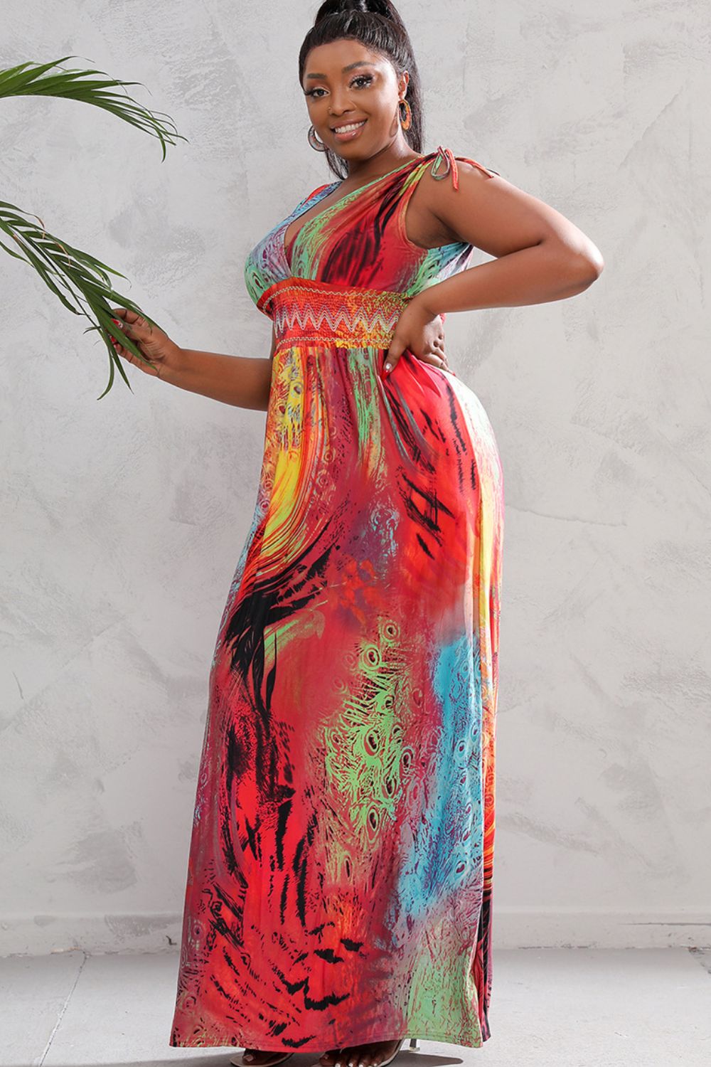 plus size surplice neck smocked waist maxi dress