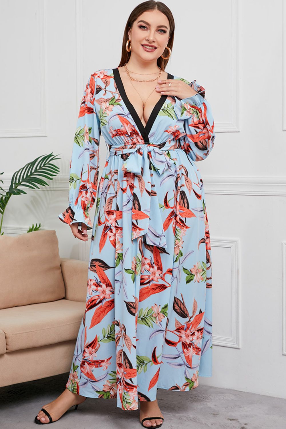 plus size belted surplice flounce sleeve maxi dress