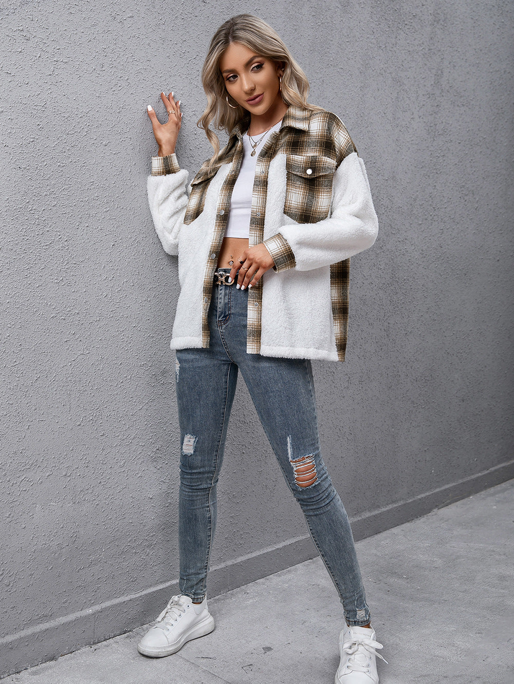 plaid collared neck button down jacket