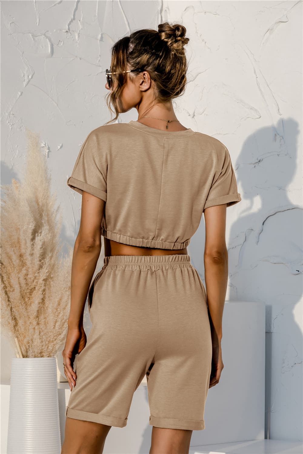 short sleeve cropped top and drawstring shorts lounge set