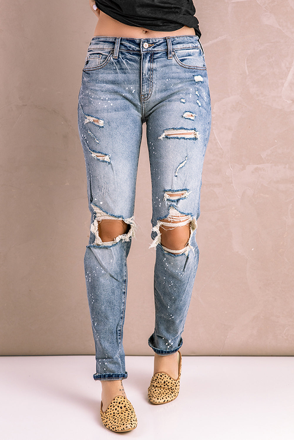 baeful splatter distressed acid wash jeans with pockets
