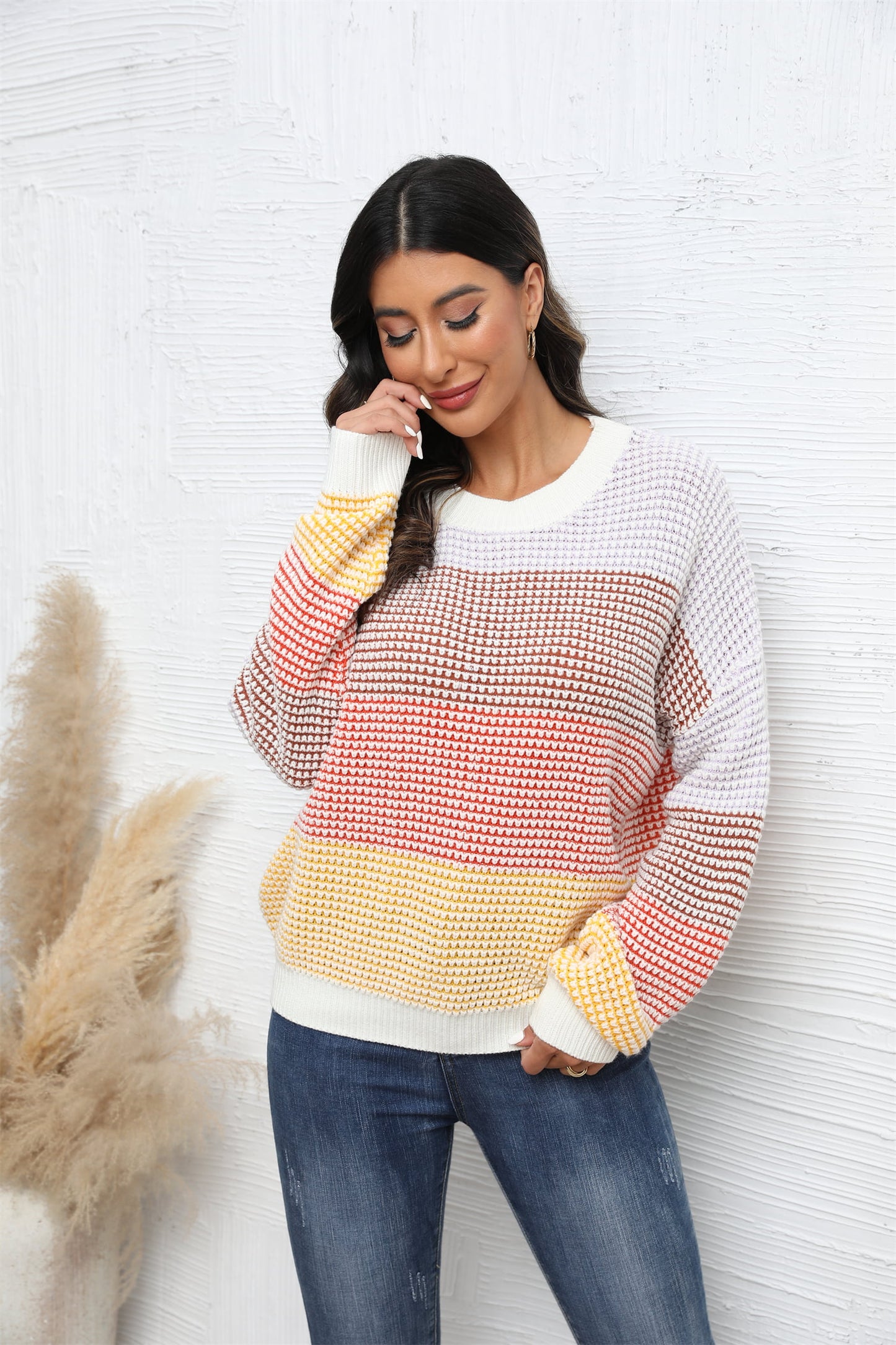 waffle-knit round neck dropped shoulder color block sweater