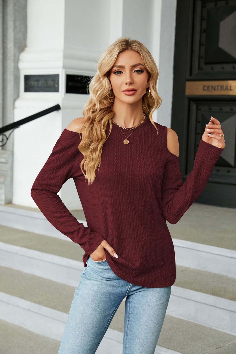 dropped shoulder long sleeve blouse