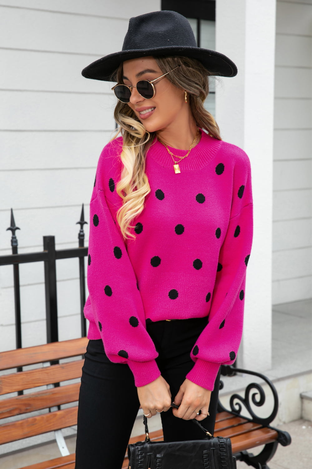 woven right polka dot round neck dropped shoulder sweater