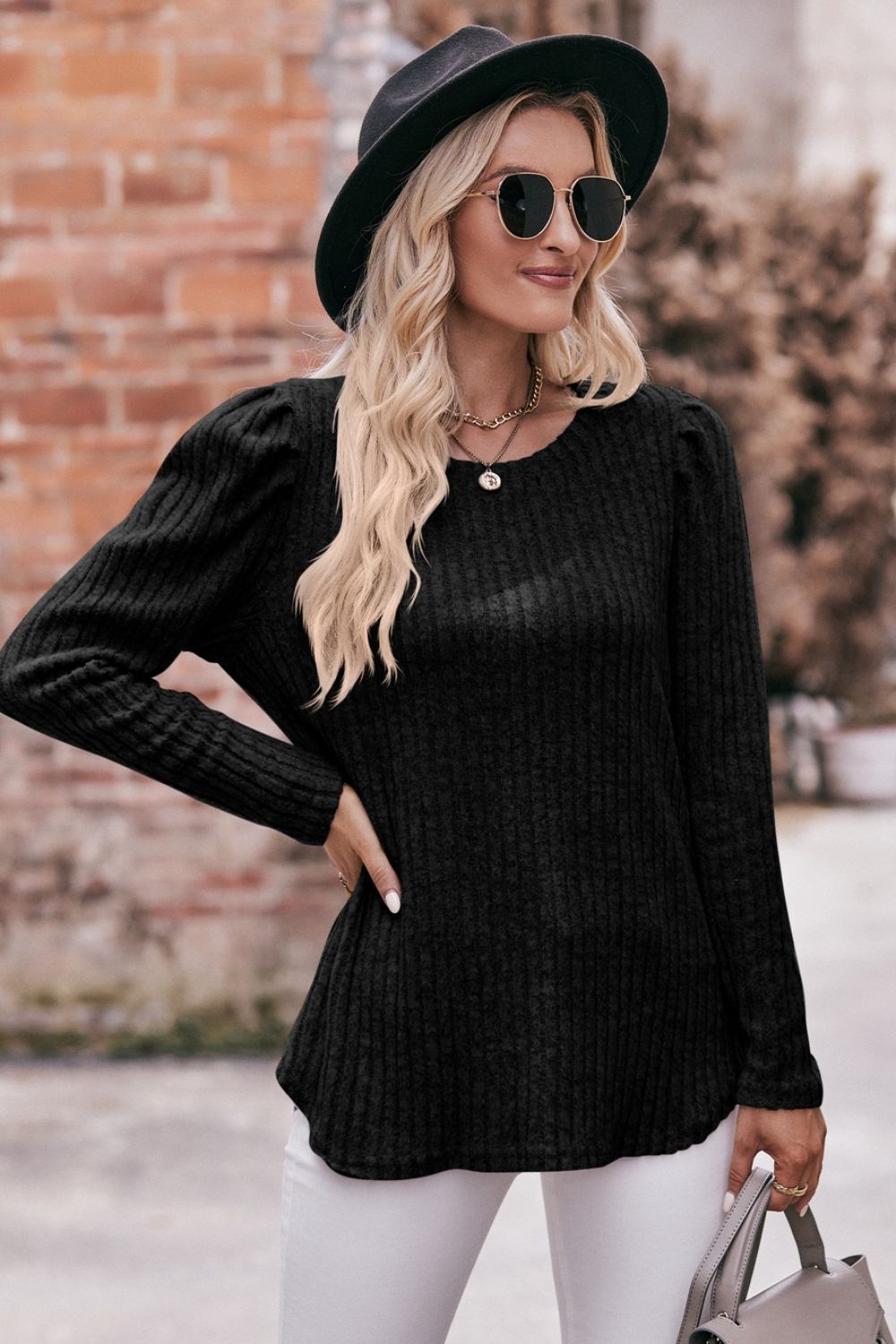 double take round neck puff sleeve ribbed top
