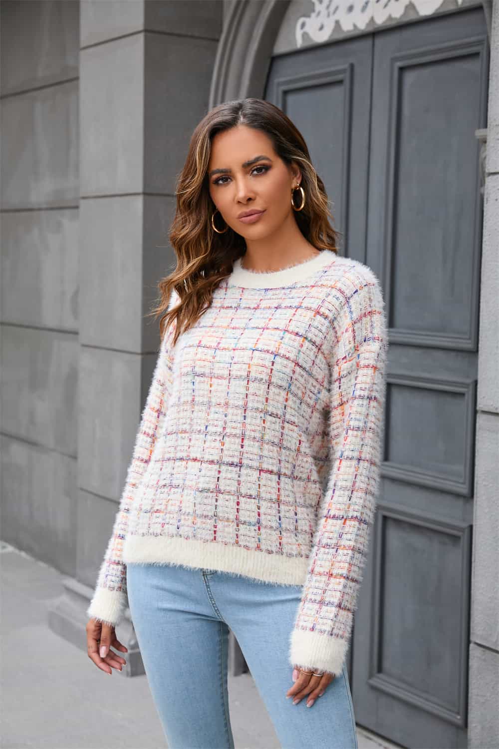 plaid round neck long sleeve pullover sweater