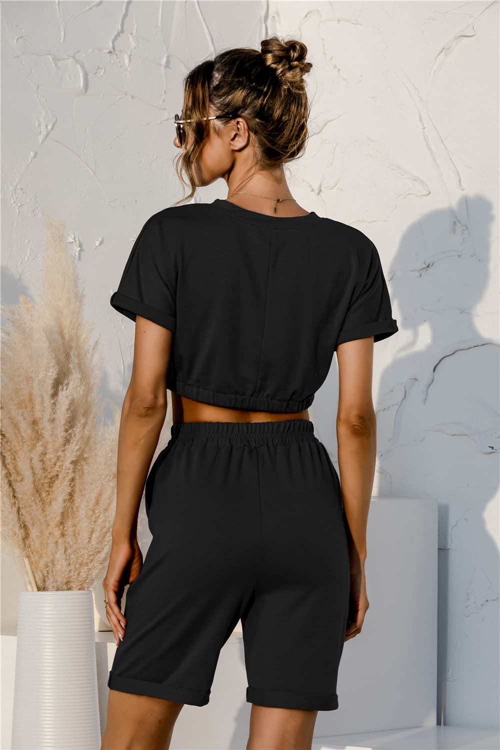 short sleeve cropped top and drawstring shorts lounge set