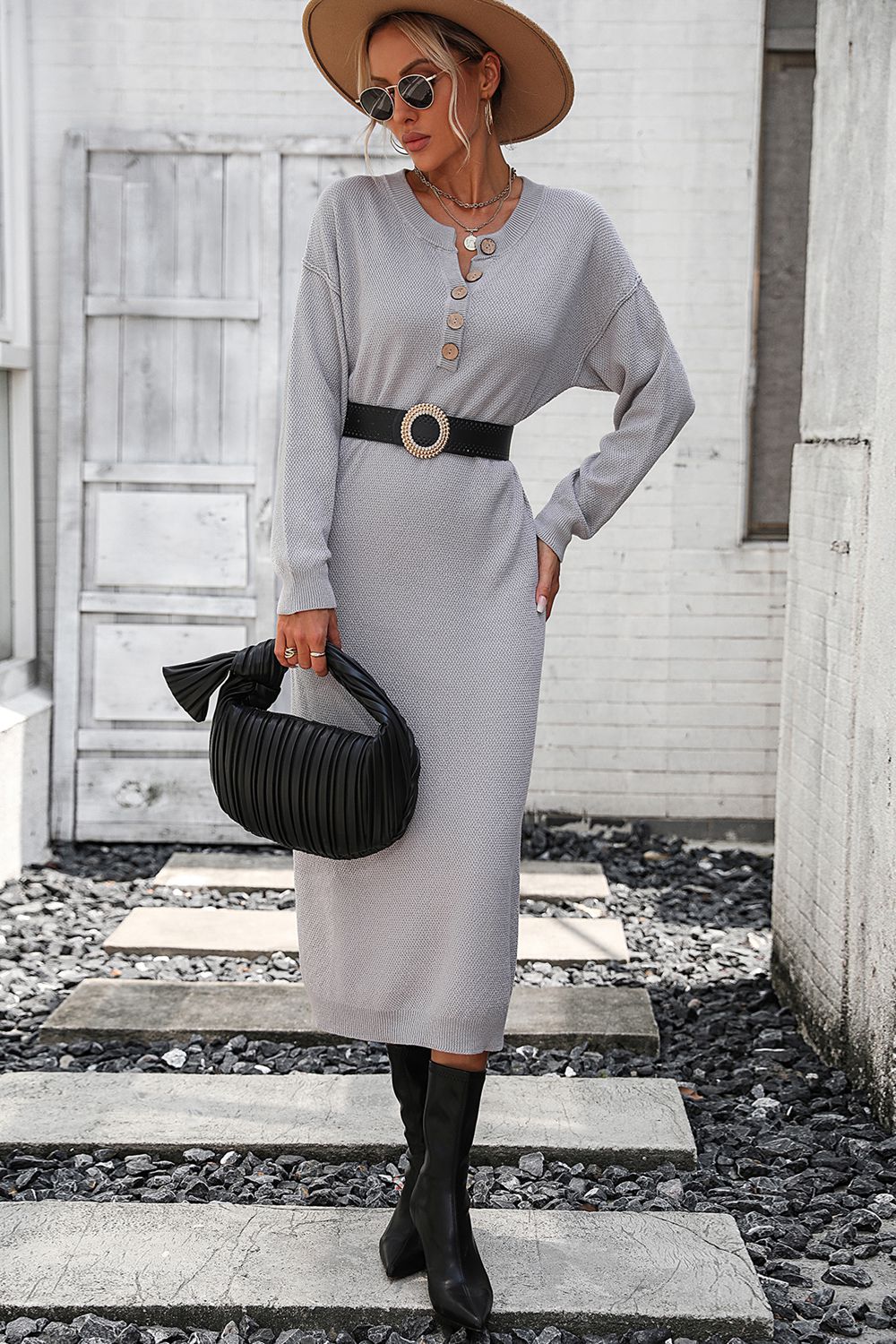 notched neck dropped shoulder button-down midi dress