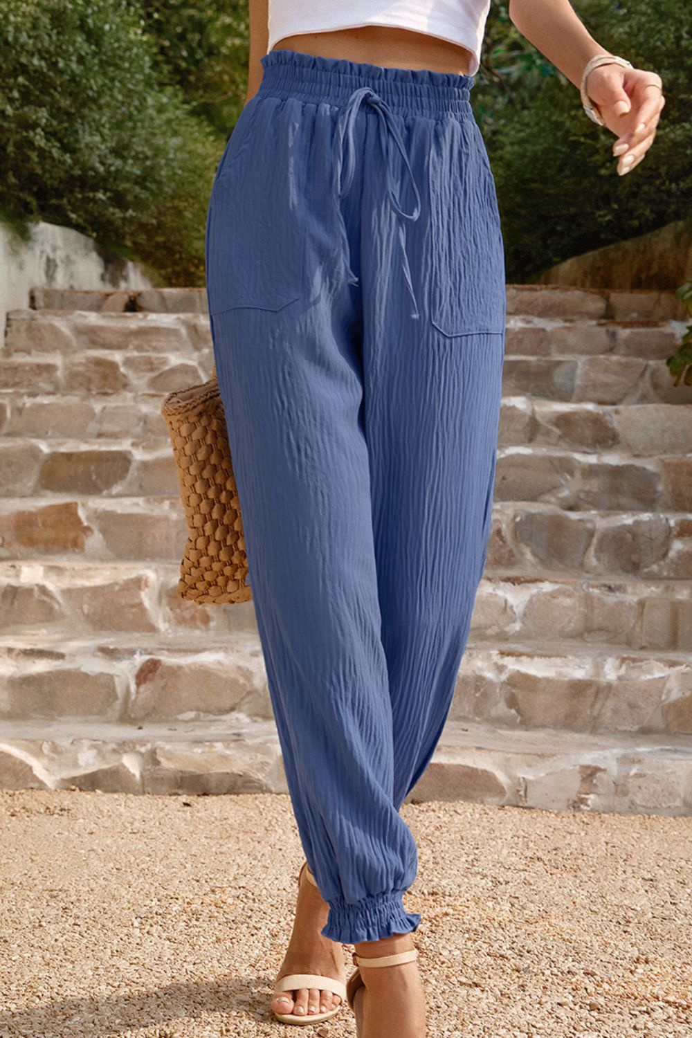 textured smocked waist pants with pockets