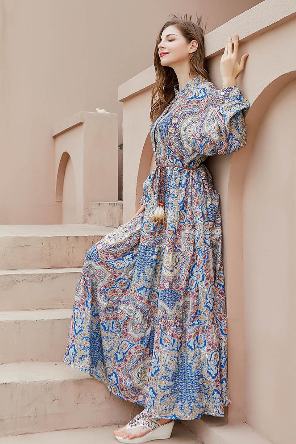 plus size printed mock neck buttoned maxi dress