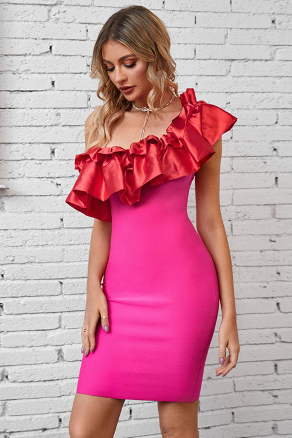 ruffled one-shoulder bodycon dress