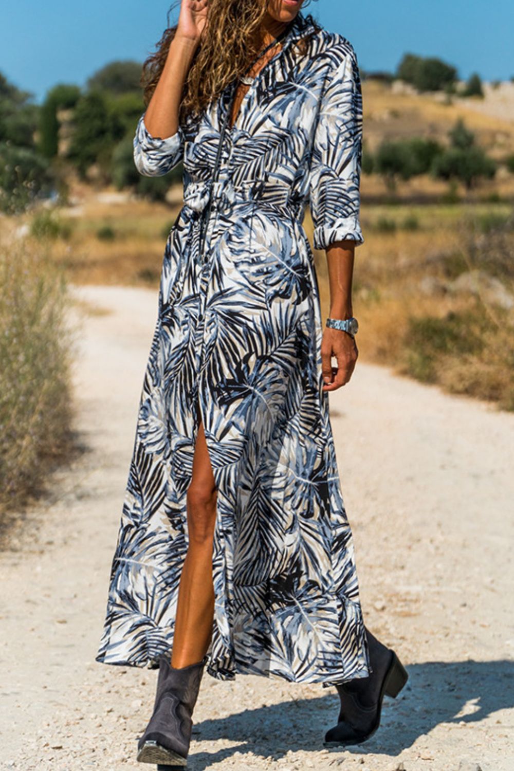 botanical print maxi shirt dress