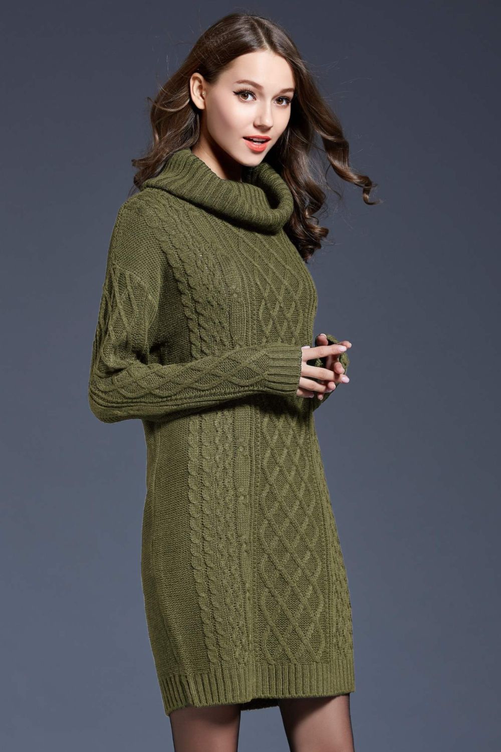 woven right full size mixed knit cowl neck dropped shoulder sweater dress