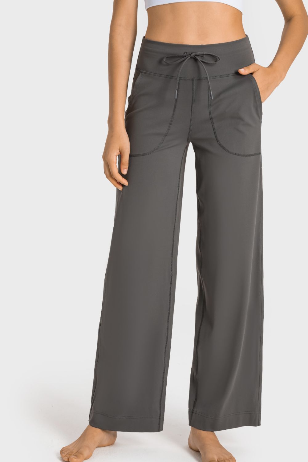 drawstring waist wide leg sports pants with pockets