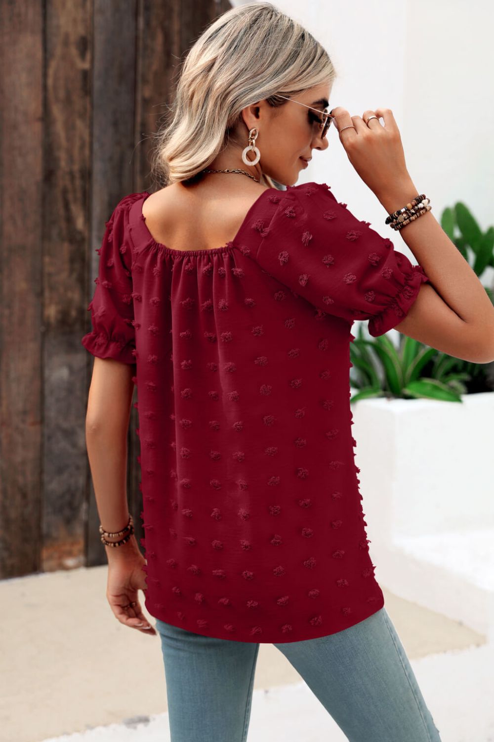 swiss dot puff sleeve square neck blouse