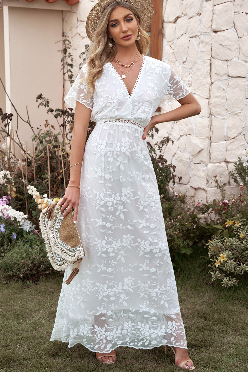 embroidered short sleeve surplice neck maxi dress
