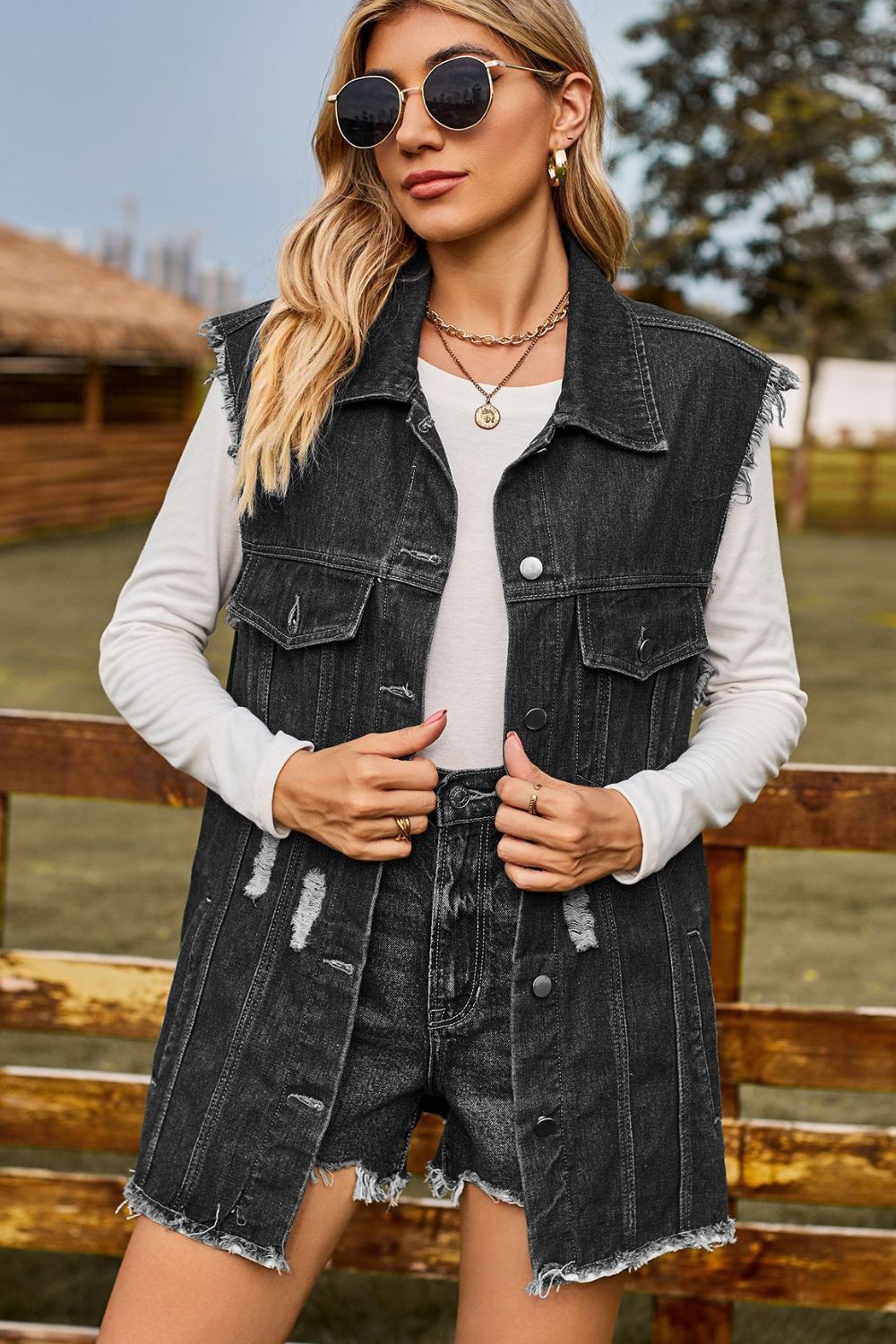 sleeveless button-up collared denim top with pockets