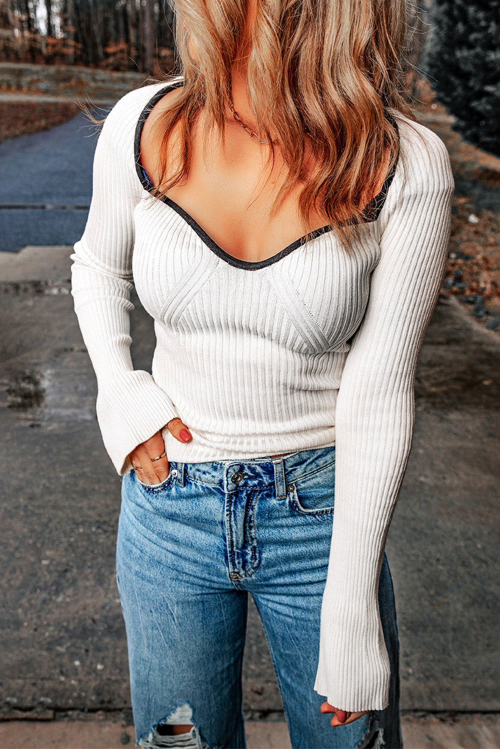 double take contrast sweetheart neck ribbed top