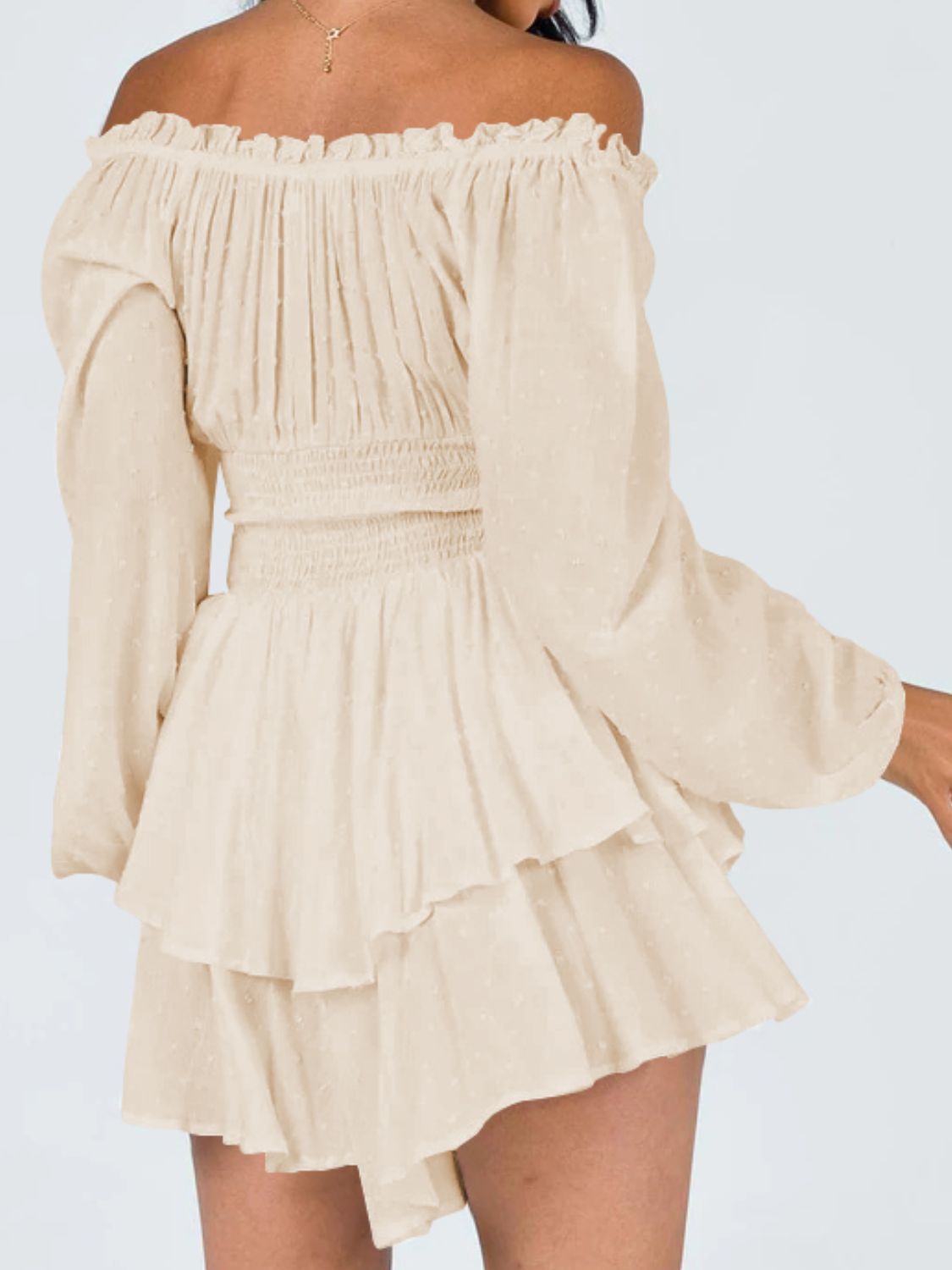 off shoulder smocked waist romper