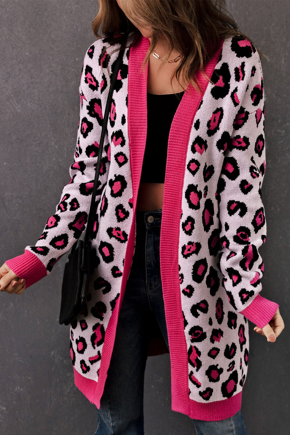 leopard contrast trim open front longline cardigan