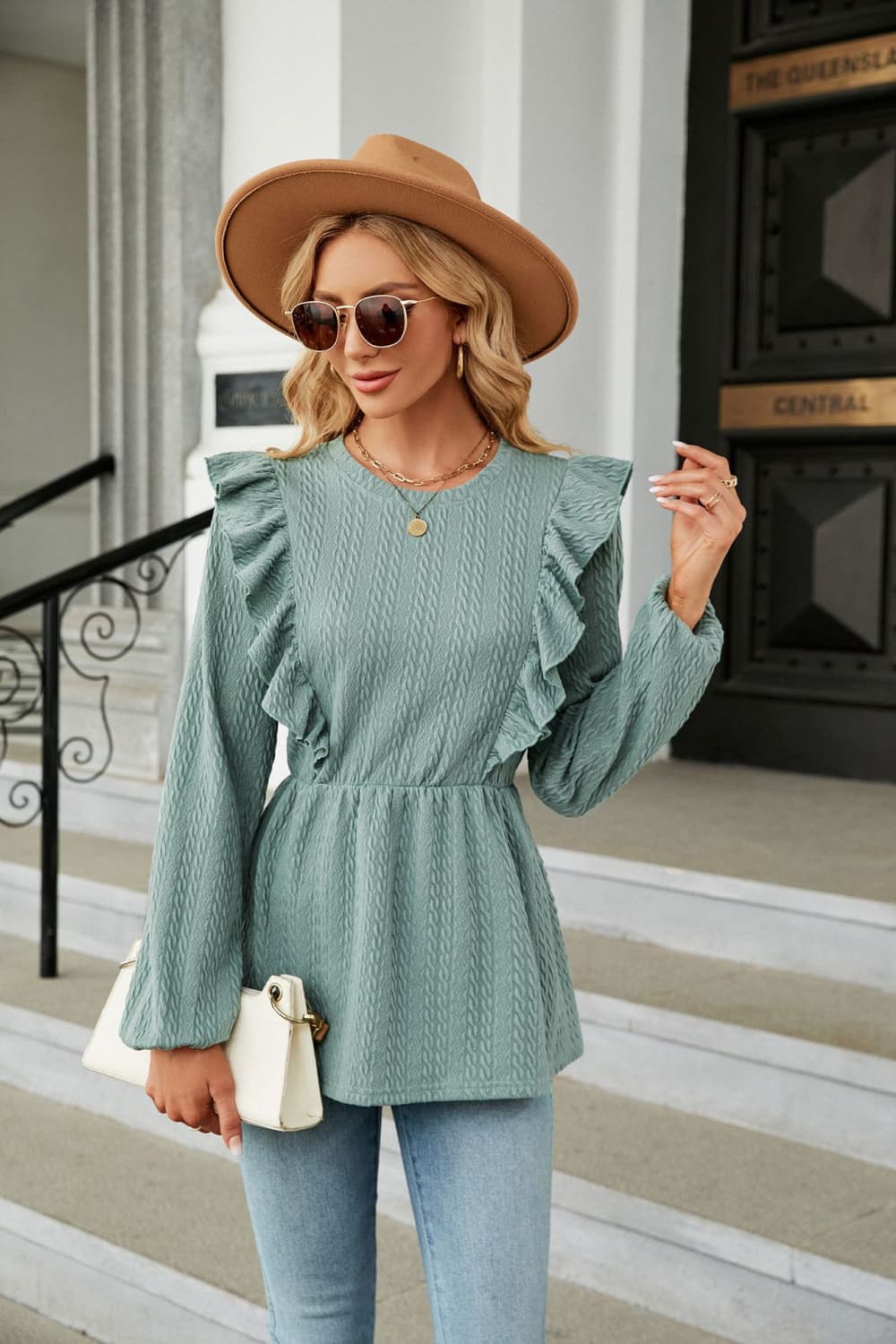 round neck ruffled peplum blouse