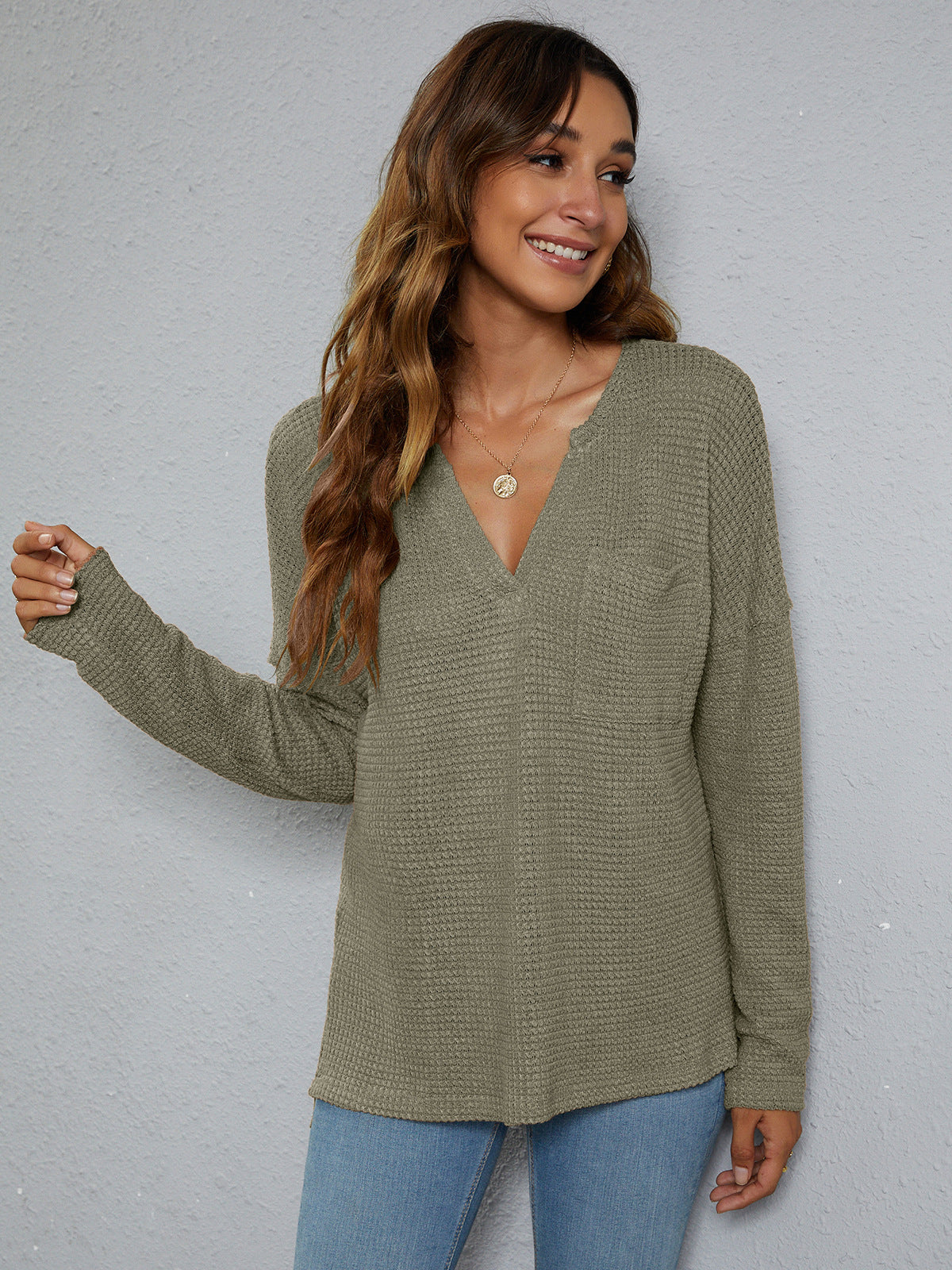 dropped shoulder high-low waffle-knit top