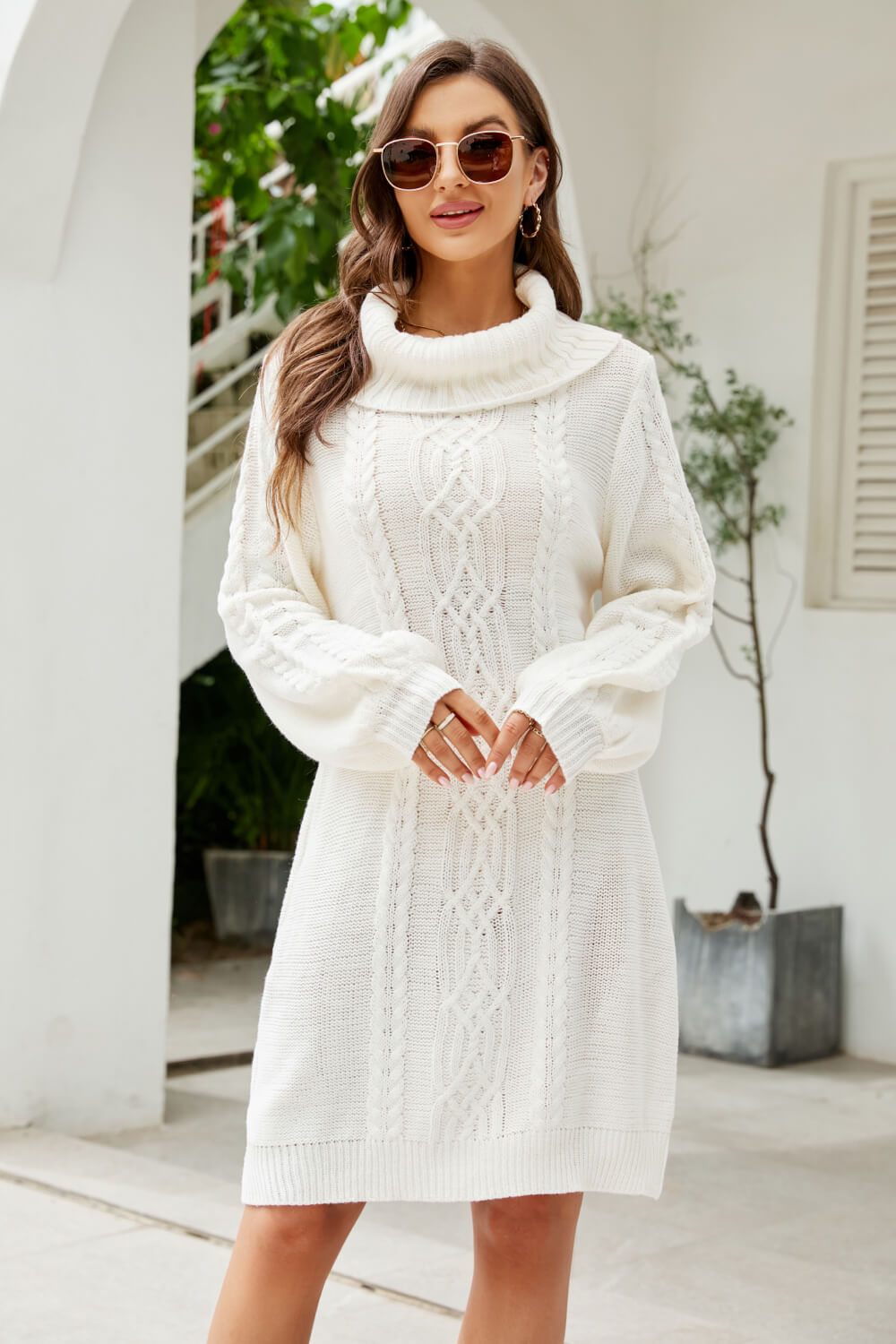 woven right mixed knit turtleneck lantern sleeve sweater dress