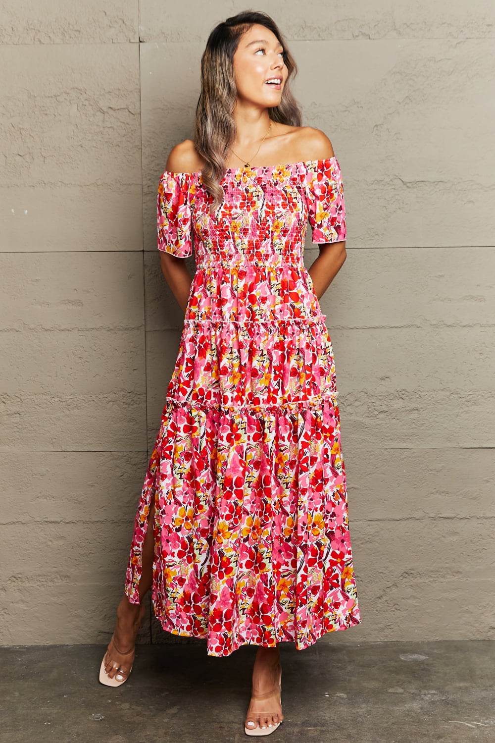 floral off-shoulder frill trim maxi dress