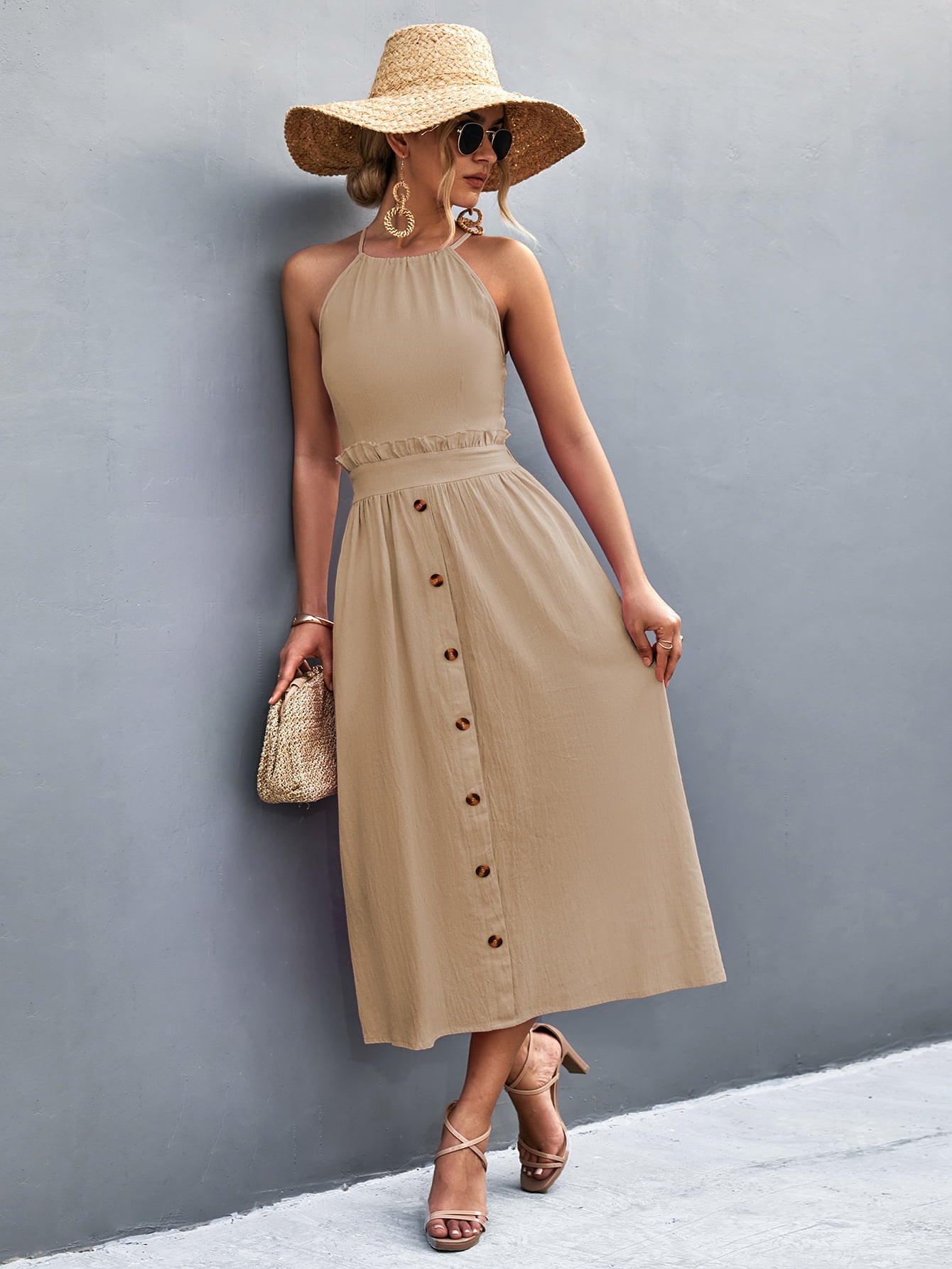 buttoned halter neck frill trim midi dress