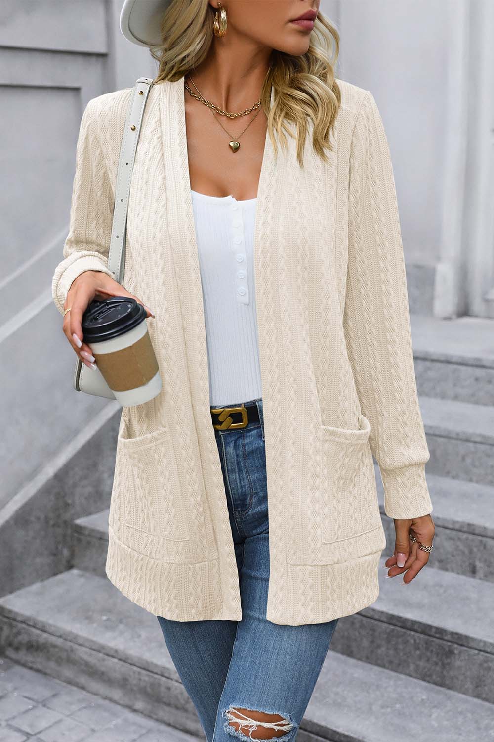 cable-knit long sleeve cardigan with pocket