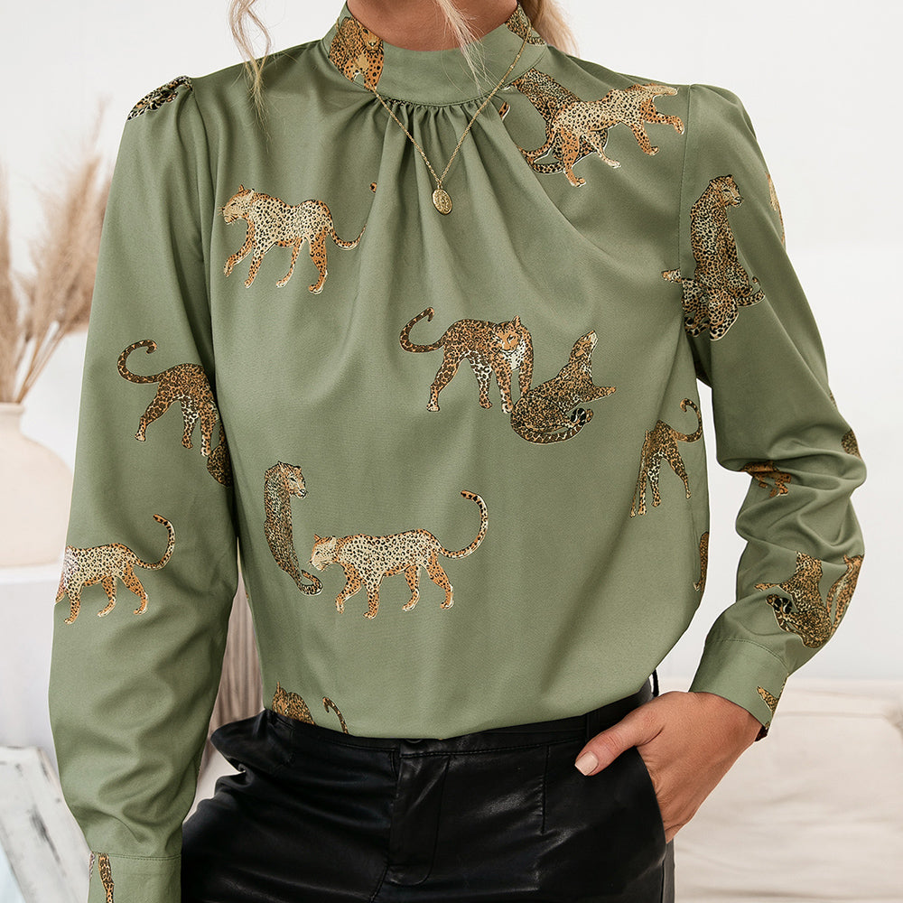 leopard graphic mock neck puff sleeve blouse