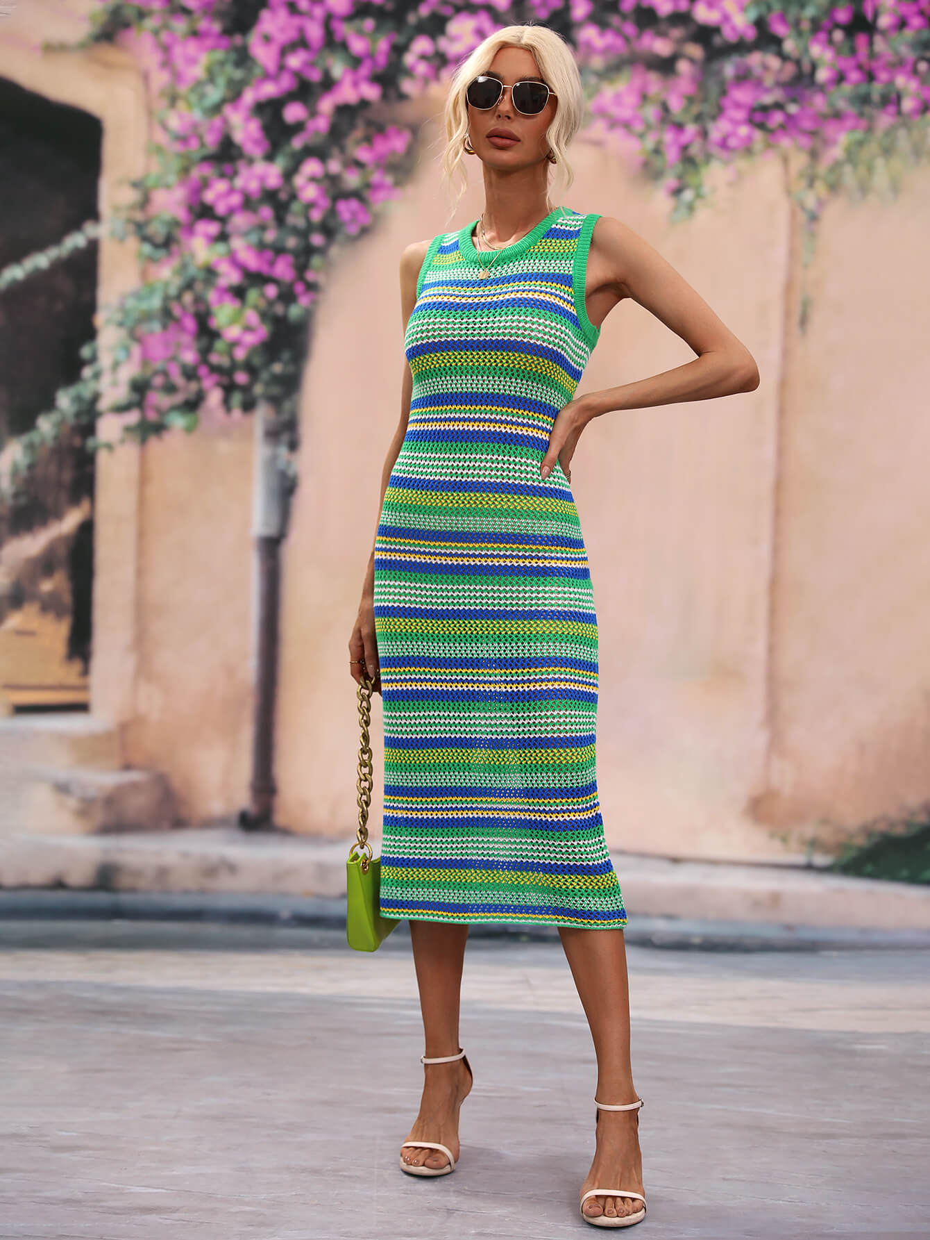 striped round neck sleeveless midi cover up dress