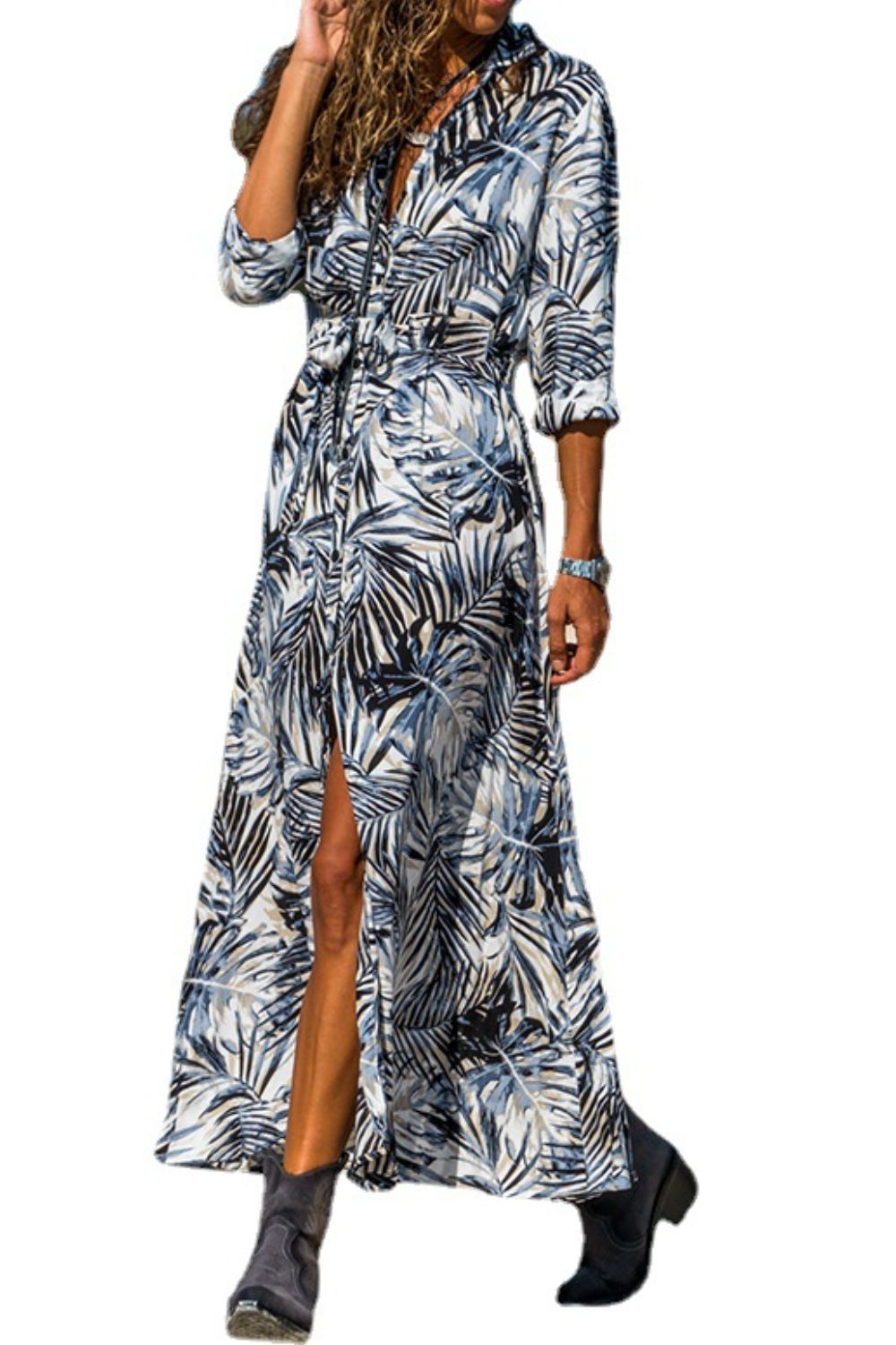 botanical print maxi shirt dress