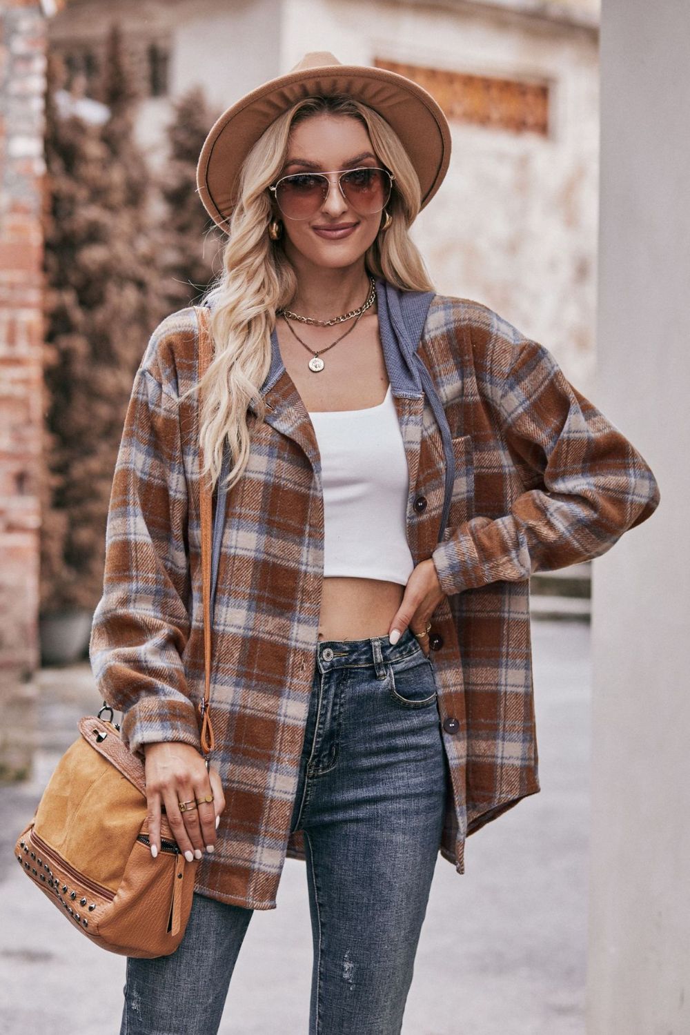 plaid dropped shoulder hooded longline jacket