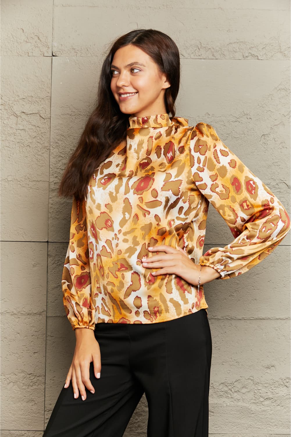 printed mock neck long sleeve blouse