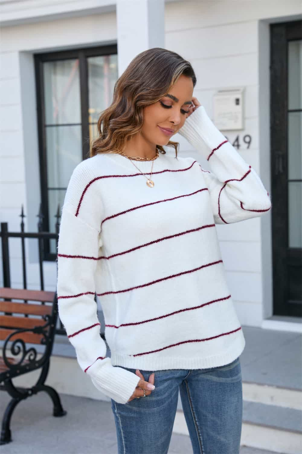 striped round neck long sleeve sweater