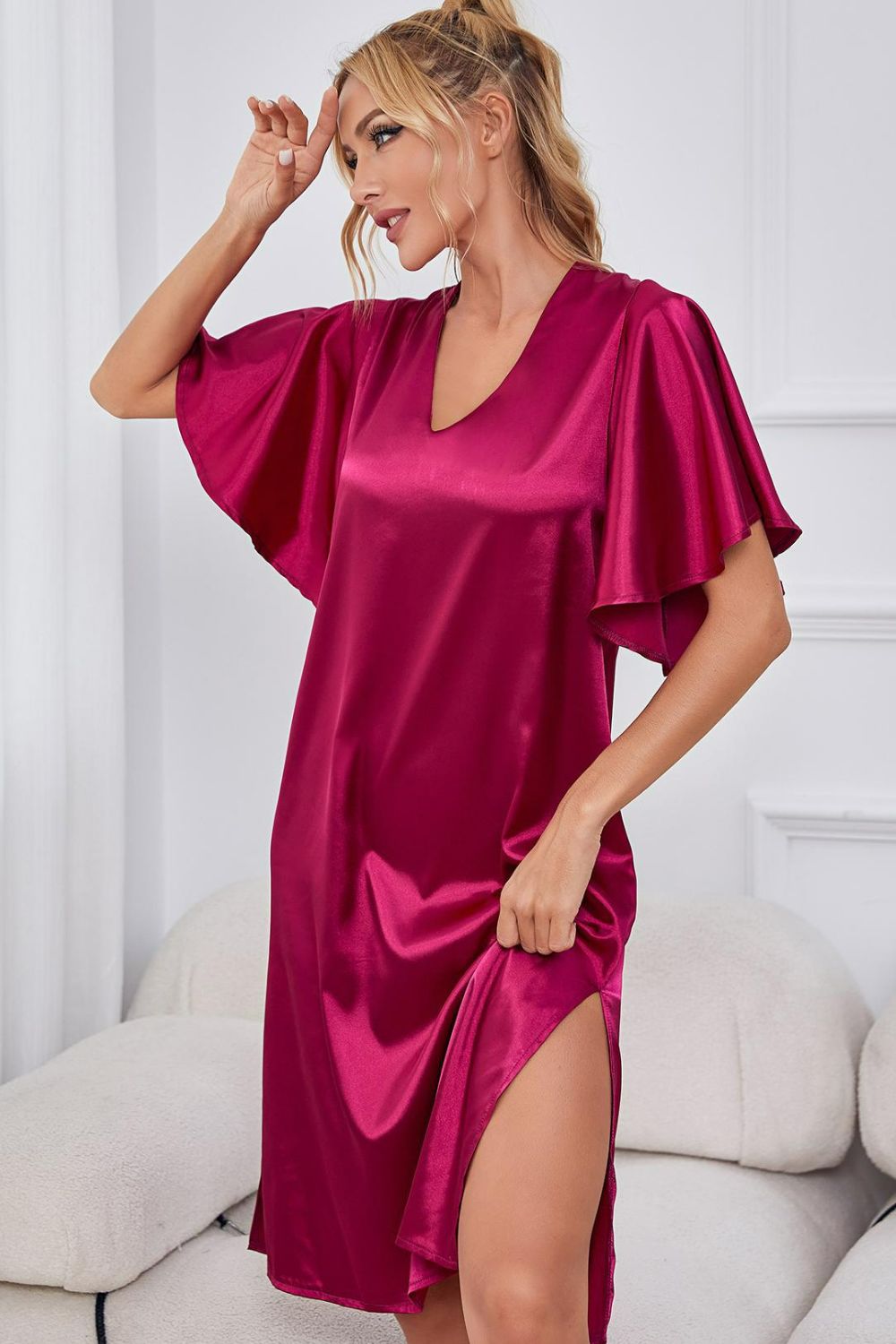 satin flutter sleeve side slit v-neck night dress