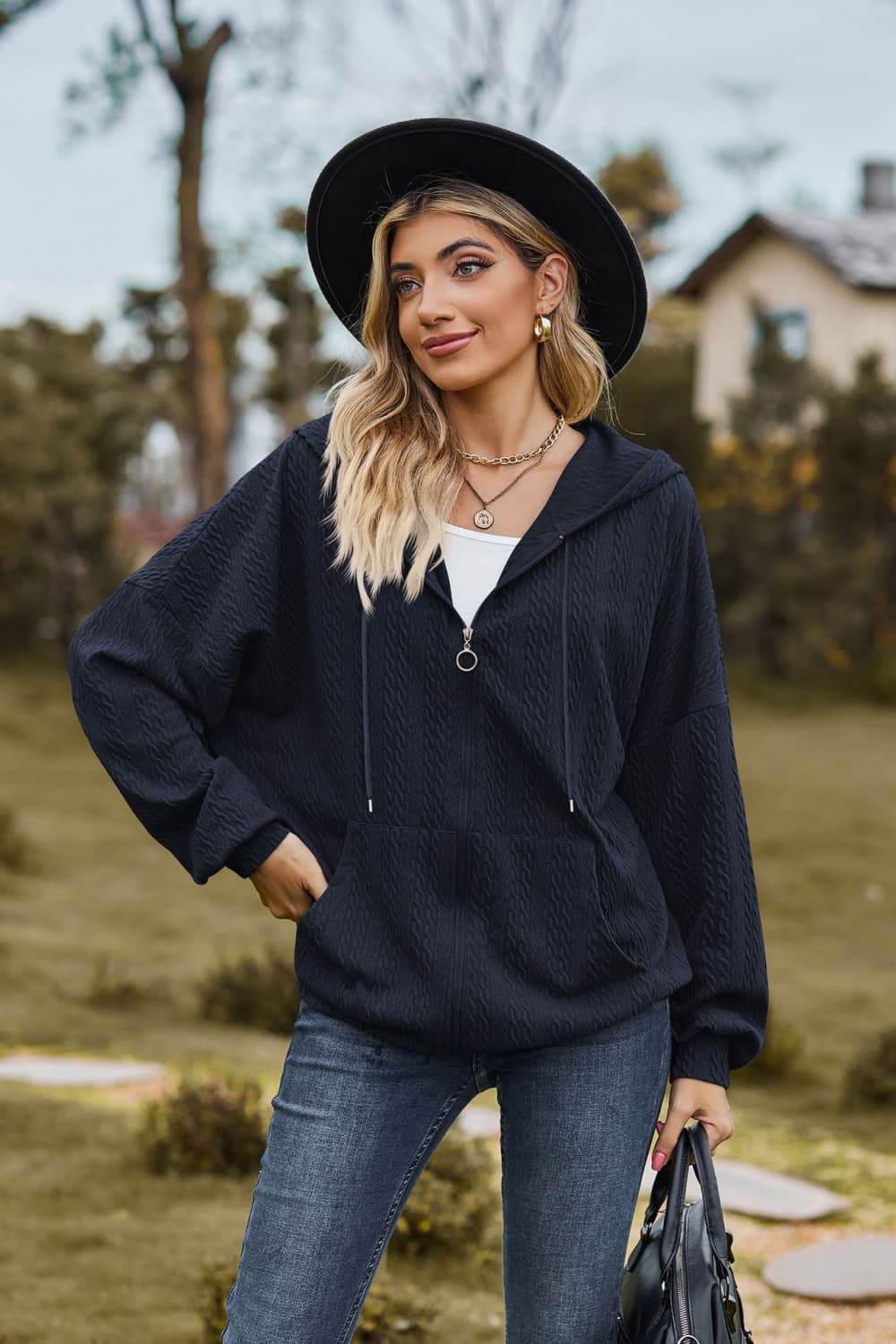 cable-knit long sleeve hooded jacket