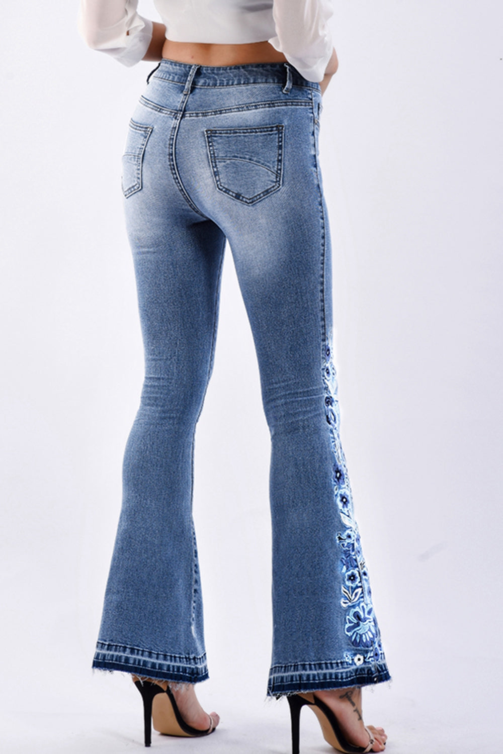 full size flower embroidery wide leg jeans