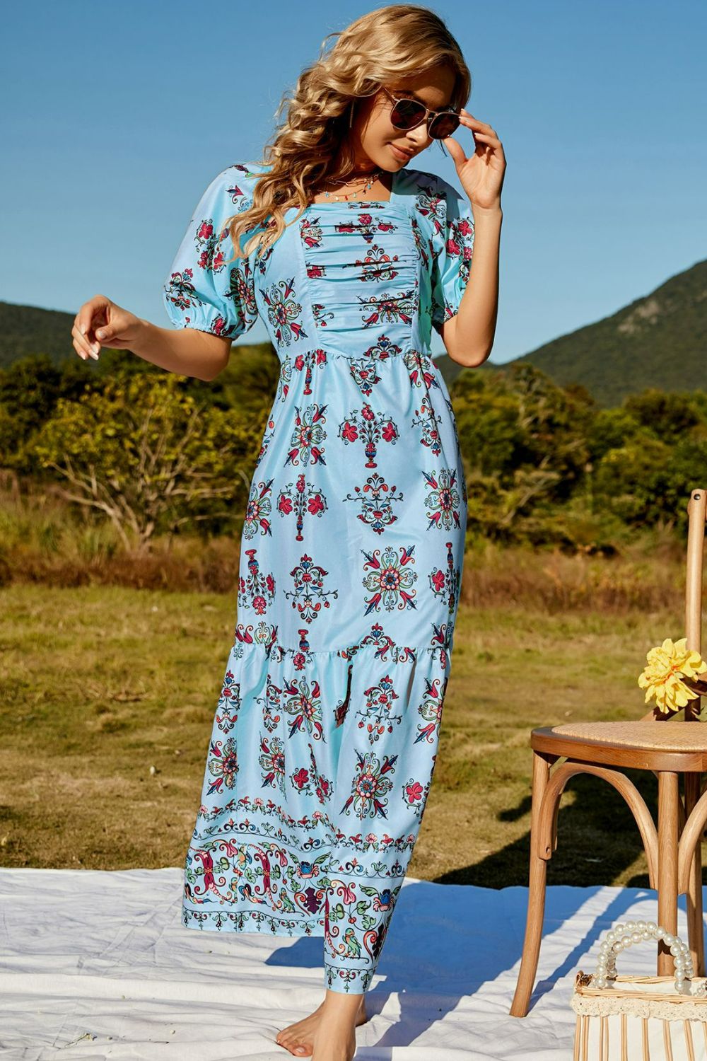 floral ruched puff sleeve tiered maxi dress