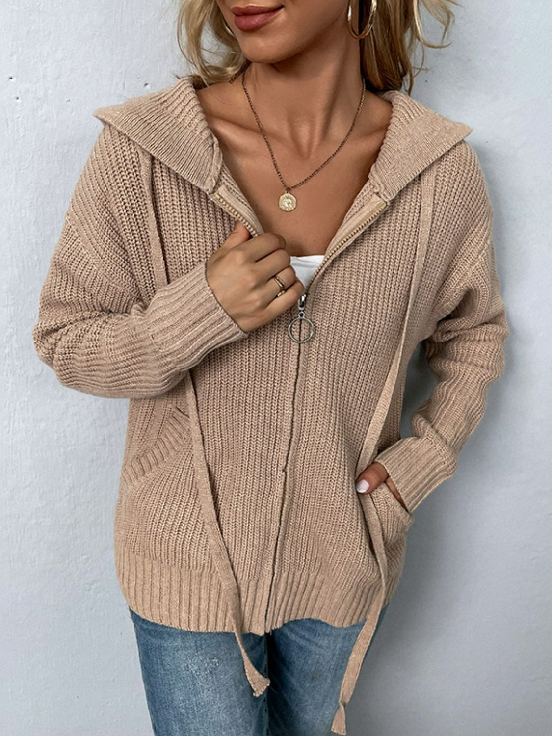 zip-up drawstring detail hooded cardigan