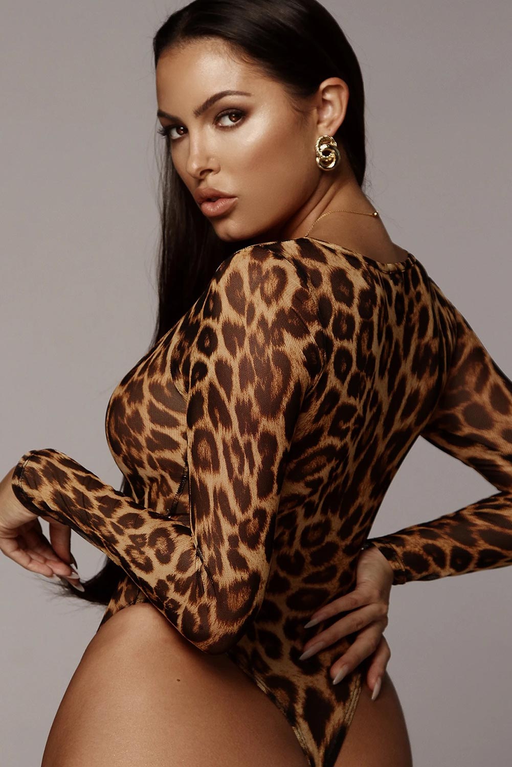 scoop neck cheetah mesh bodysuit