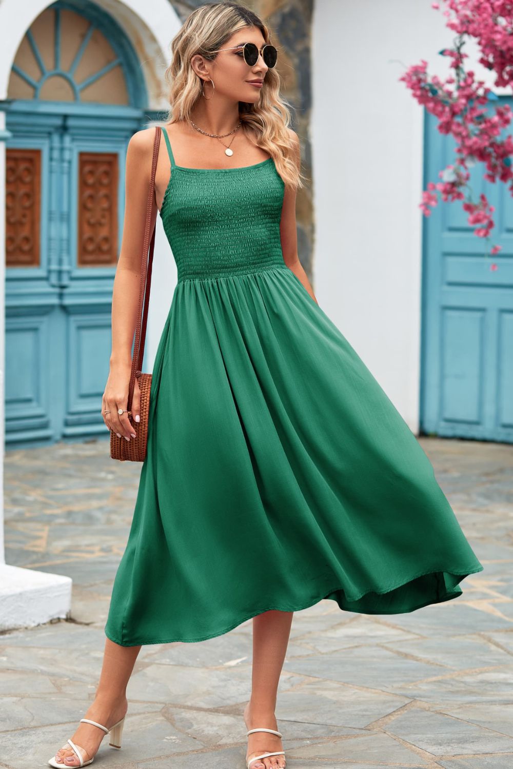 smocked spaghetti strap midi dress