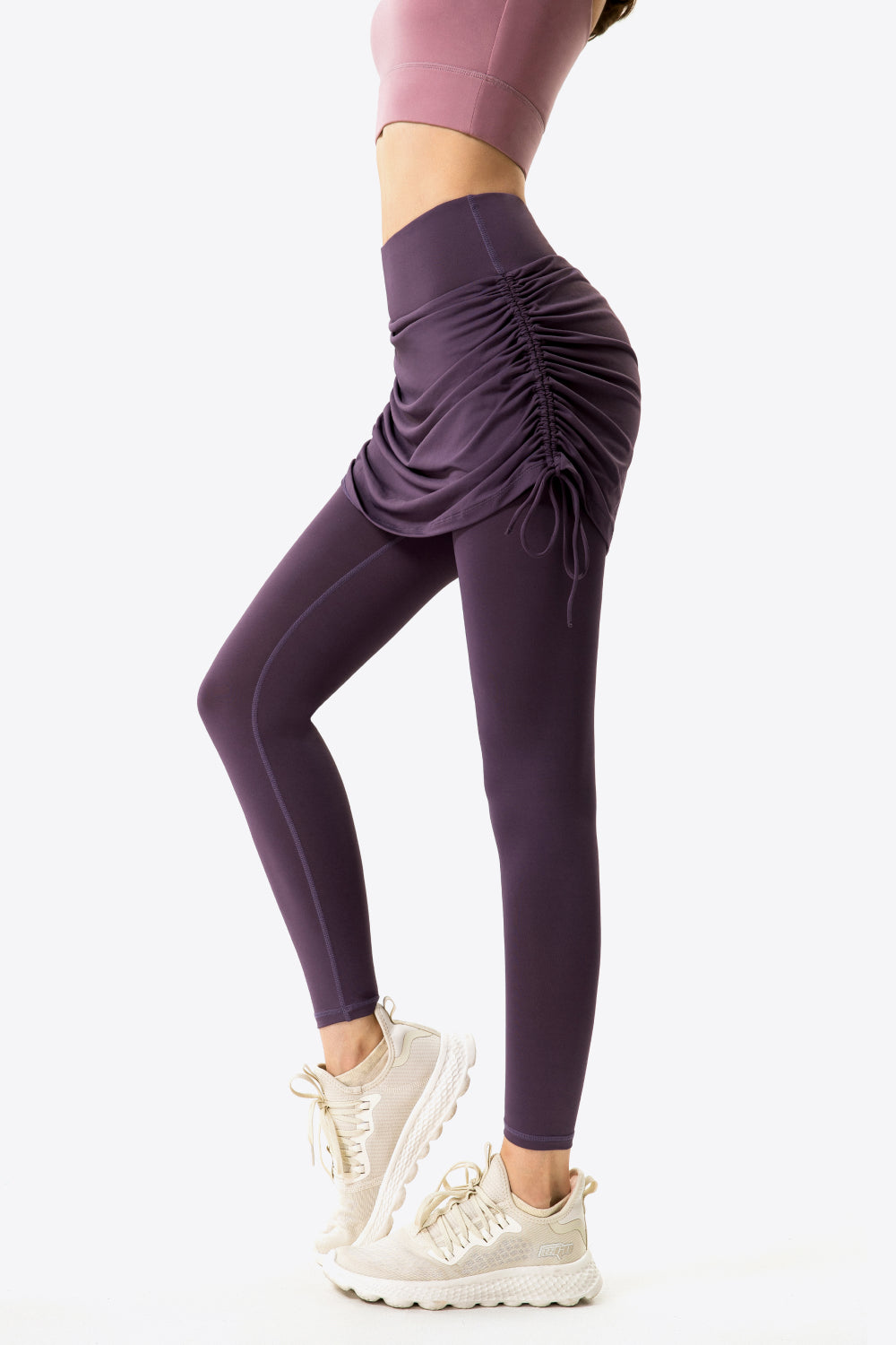 drawstring ruched faux layered yoga leggings