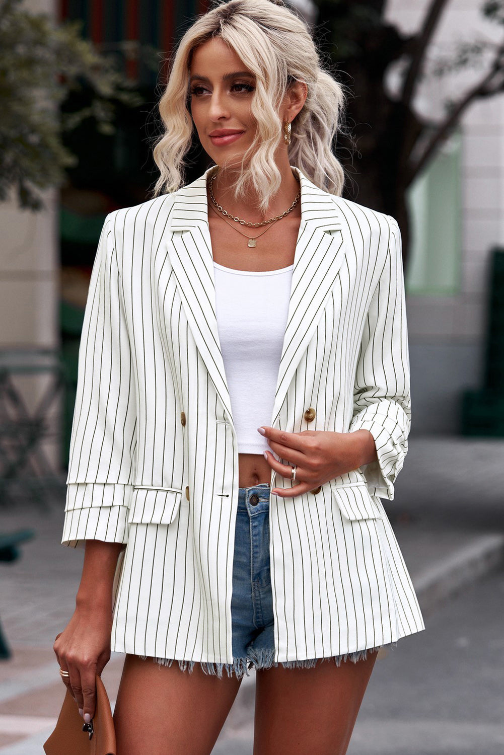 striped double-breasted long sleeve blazer