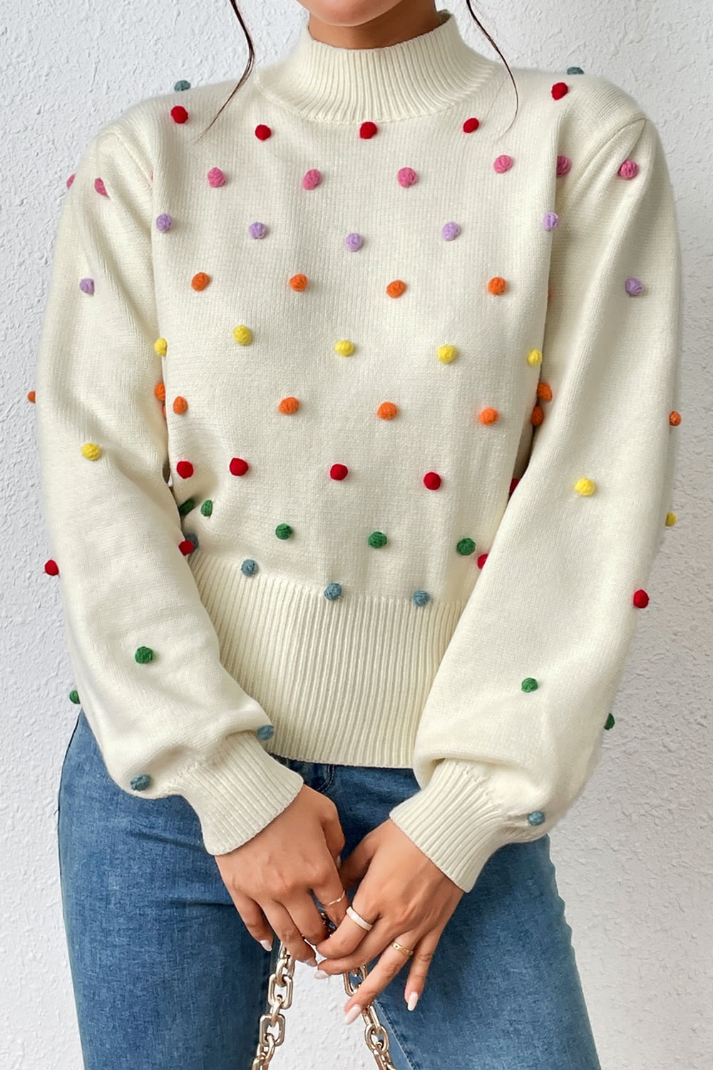 pom-pom trim mock neck long sleeve pullover sweater